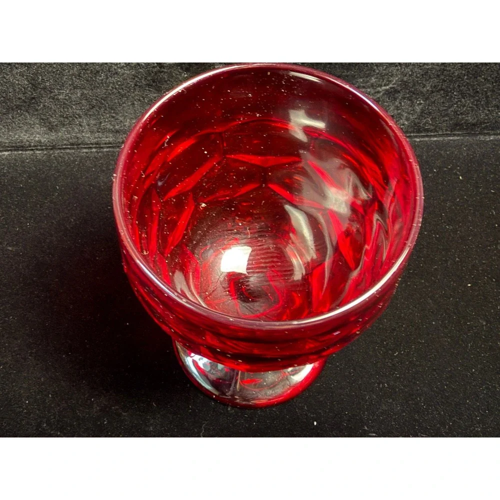 Vintage Ruby Red Glass Goblet‎ Thumbprint Pattern Stemware Wine Water Glass